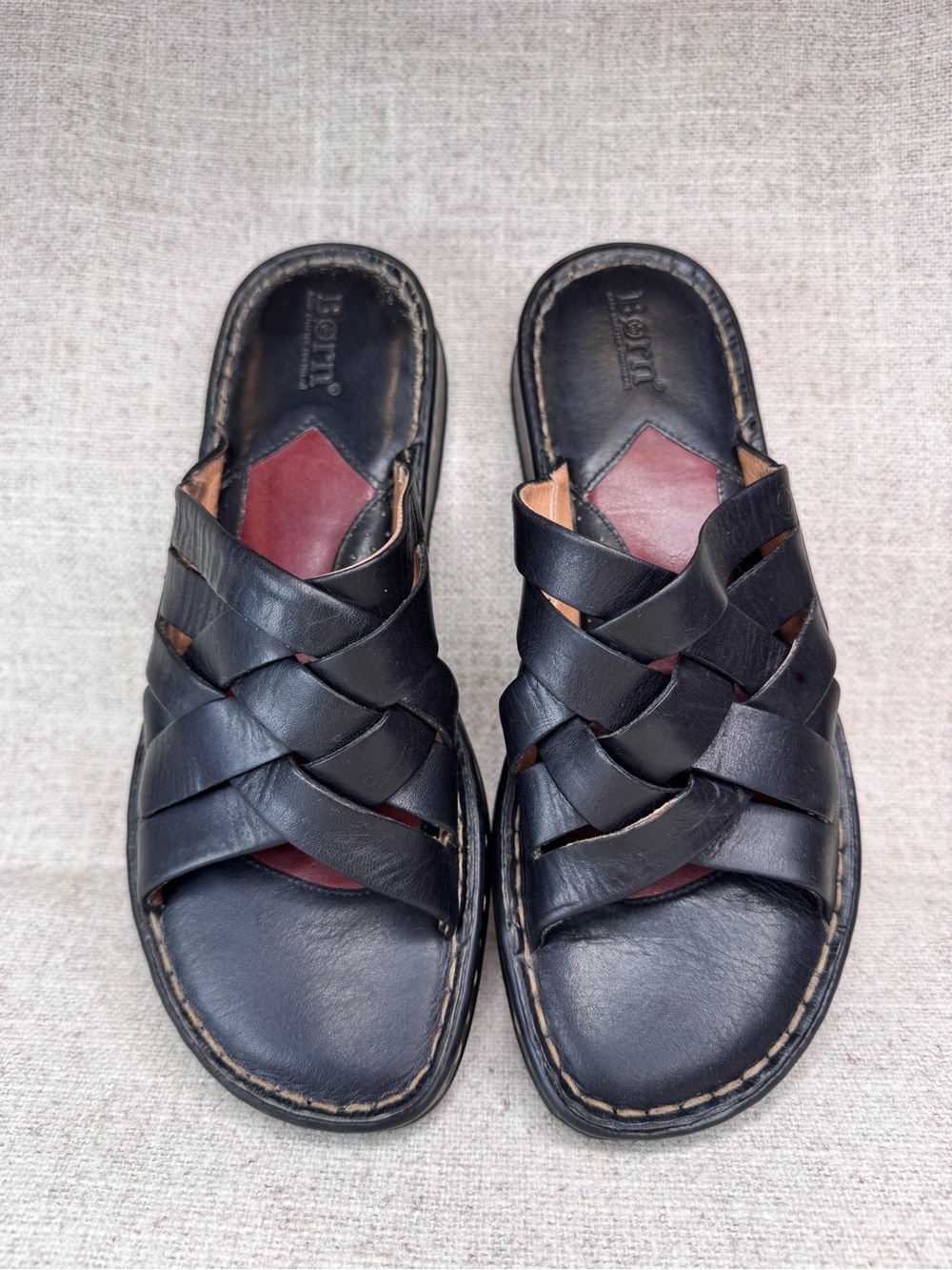 Born Black Leather Woven Slide Sandals with Brown Inset